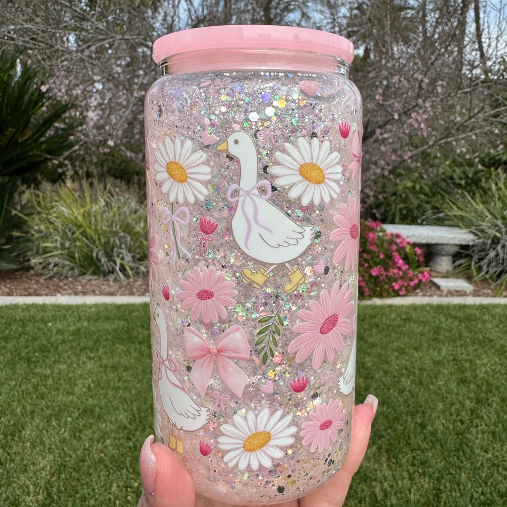 Pink Floral Goose Glitter Snow Globe Tumbler 16oz